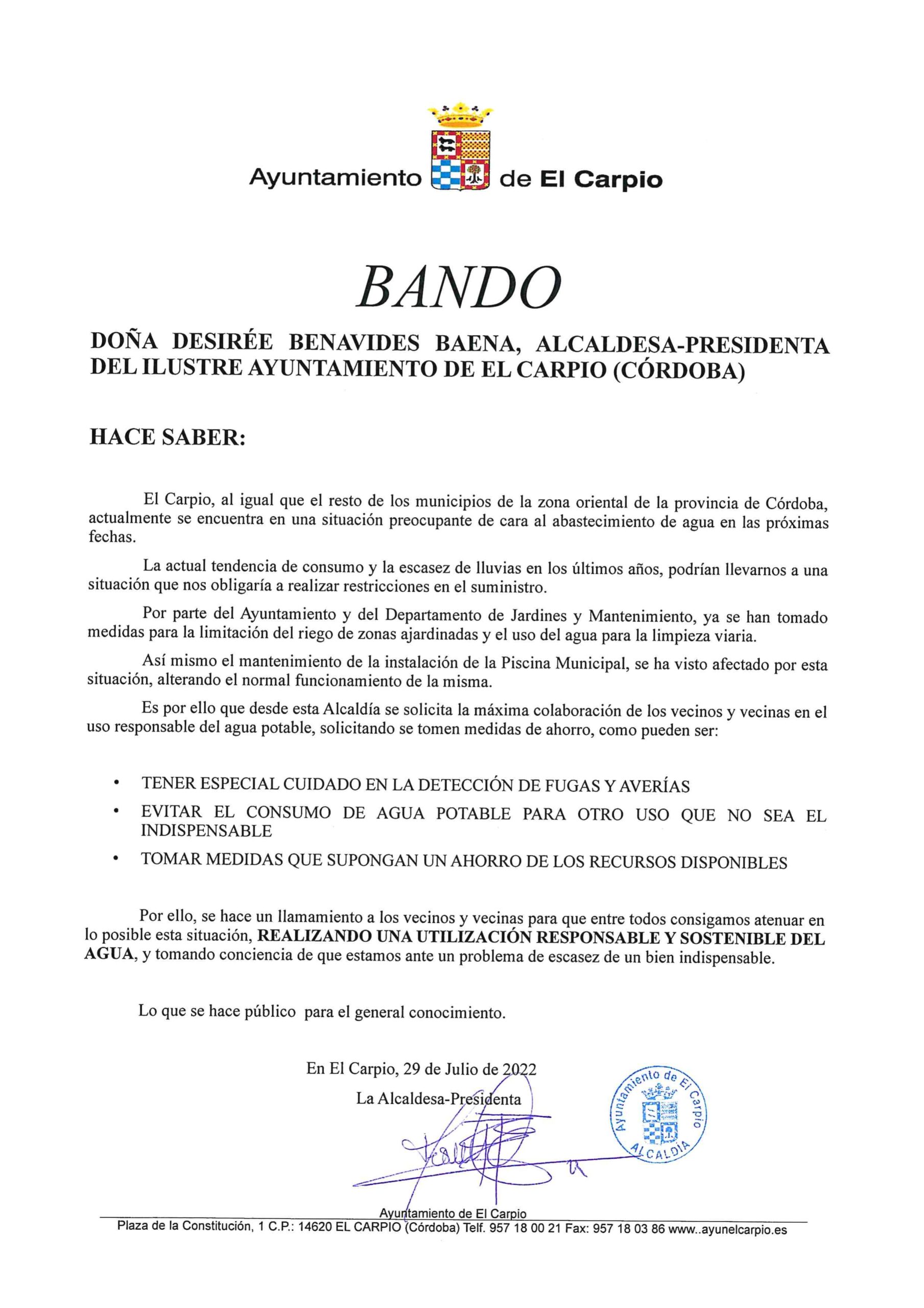 Bando Alcaldía - UTILIZACIÓN RESPONSABLE Y SOSTENIBLE DEL AGUA